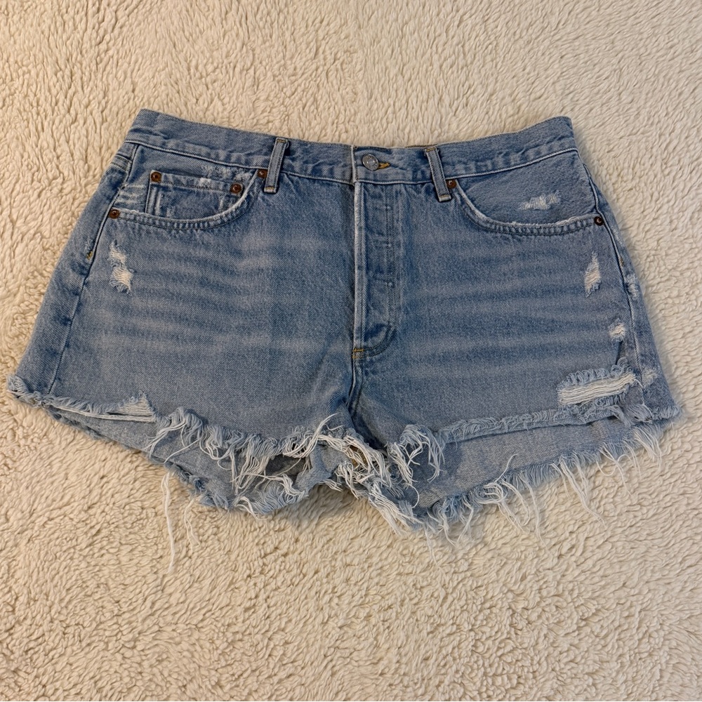 Agolde Light Blue Distressed High-Rise Denim Shorts